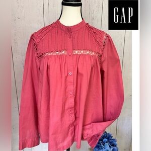 GAP Pintuck Mockneck Lace-Trim Women’s Blouse Size LG